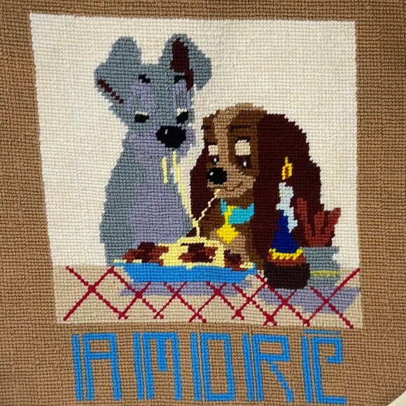 Needlepoint Square Lady & The Tramp Amore Completed  15.75" x 16.5"  Vintage - Picture 1 of 5